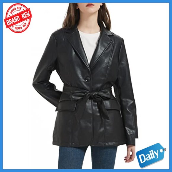 Faux Leather Blazer Jacket with Removable Belt, Long Sleeve, Regular Fit - Picture 2 of 7